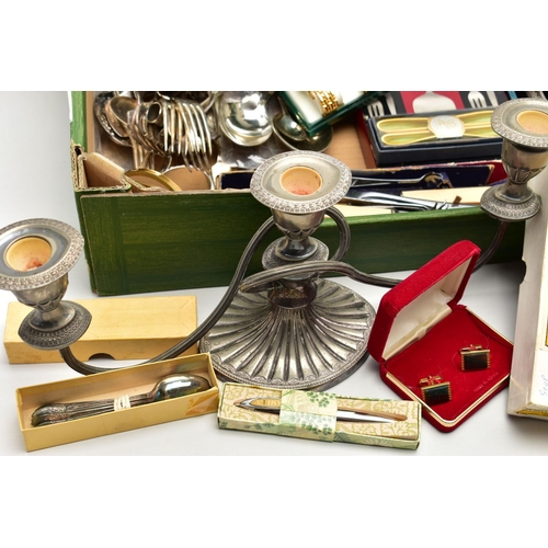 70 - A BOX OF ASSORTED ITEMS, to include white metal trays, a candelabra, chamber candle stick holder, a ... 