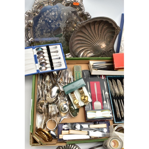 70 - A BOX OF ASSORTED ITEMS, to include white metal trays, a candelabra, chamber candle stick holder, a ... 