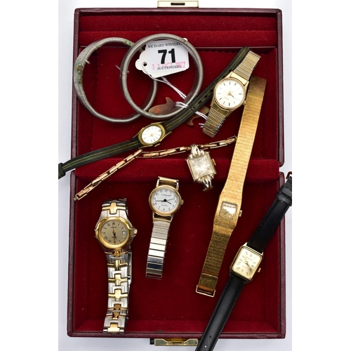 71 - A SELECTION OF LADIES WRISTWATCHES, to include a 1930s manual wind wristwatch with gold case and bas... 