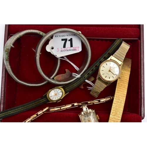 71 - A SELECTION OF LADIES WRISTWATCHES, to include a 1930s manual wind wristwatch with gold case and bas... 