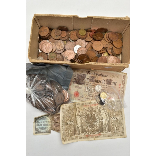 74 - A SMALL BOX OF MIXED COINAGE, to include a couple of early German inflation banknotes with lots of c... 