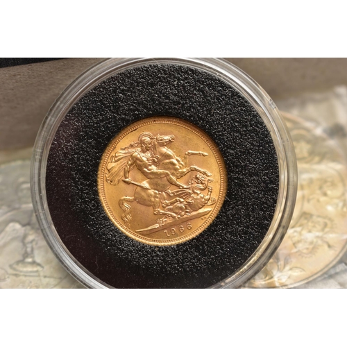 77 - A FULL GOLD SOVEREIGN QUEEN ELIZABETH II 1966 916.6 fine, 7.9 grams, 22.05mm, together with  commmem... 