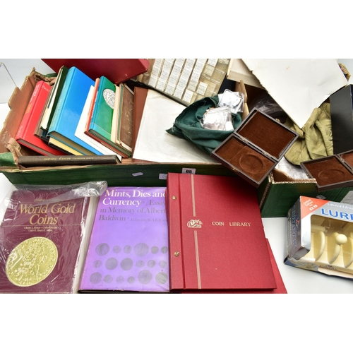 85 - TWO BOXES OF COIN AND COIN RELATED ITEMS, to include a coin album containing mainly French low base ... 