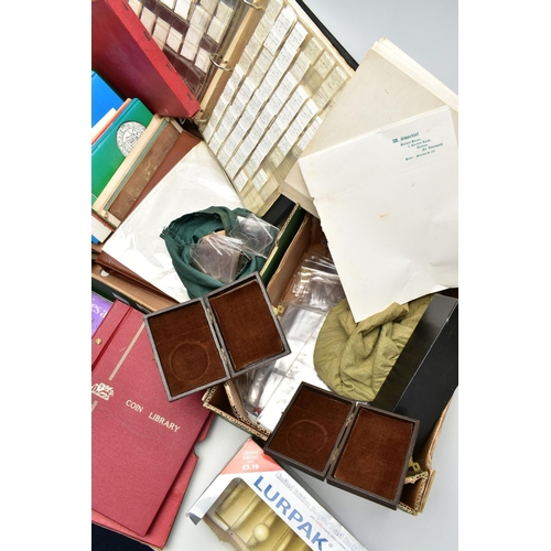 85 - TWO BOXES OF COIN AND COIN RELATED ITEMS, to include a coin album containing mainly French low base ... 