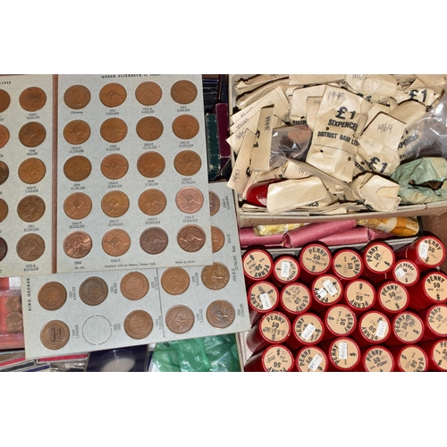 87 - A LARGE CARDBOARD BOX OF MIXED WORLD COINAGE, to include 18x USA tubed 1963 fifty coins in each, Que... 