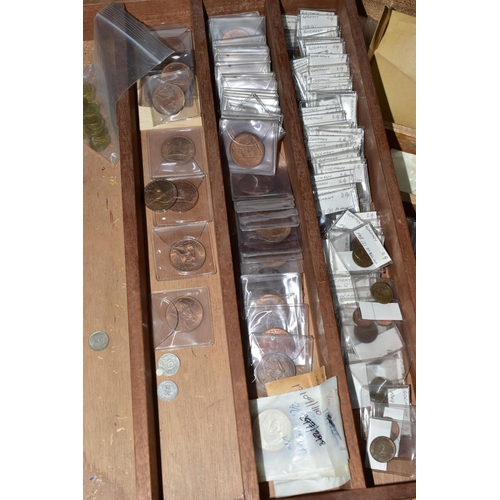 88 - 7X WOODEN COIN TRAYS CONTAINING MIXED WORLD COINAGE, to include Swiss Lots of graded Rappen coins, N... 