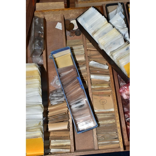 88 - 7X WOODEN COIN TRAYS CONTAINING MIXED WORLD COINAGE, to include Swiss Lots of graded Rappen coins, N... 