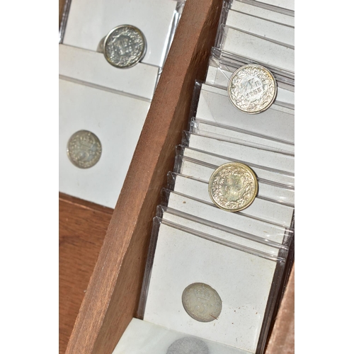 88 - 7X WOODEN COIN TRAYS CONTAINING MIXED WORLD COINAGE, to include Swiss Lots of graded Rappen coins, N... 