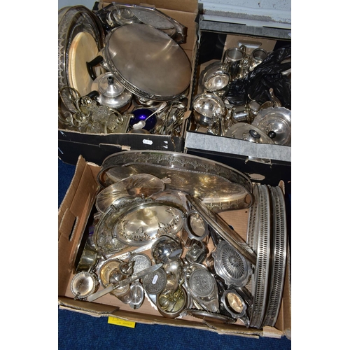 90 - THREE BOXES OF ASSORTED WHITE METAL WARE, to include ten trays, a white metal and glass cruet set, a... 