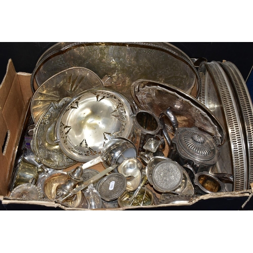 90 - THREE BOXES OF ASSORTED WHITE METAL WARE, to include ten trays, a white metal and glass cruet set, a... 