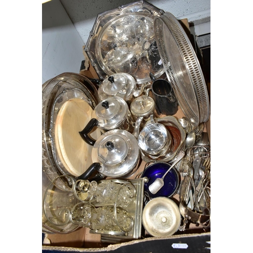 90 - THREE BOXES OF ASSORTED WHITE METAL WARE, to include ten trays, a white metal and glass cruet set, a... 