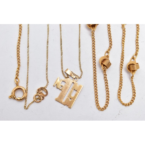 93 - A 9CT GOLD PENDANT NECKLACE AND OTHER CHAIN, a No 1 Mum pendant stamped 9ct fitted with a tapered ... 