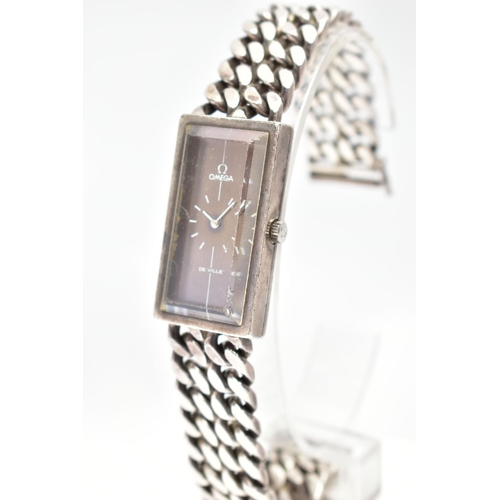 94 - A SILVER OMEGA DE VILLE WRISTWATCH, the rectangular blue dial signed 'Omega De Ville', with baton ho... 