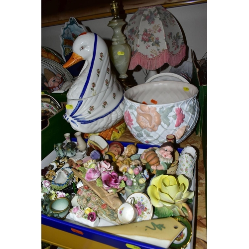 352 - FIVE BOXES AND LOOSE CERAMICS, GLASS, LAMPS AND SUNDRIES, including badly damaged Royal Doulton 'Top... 