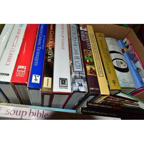 355 - FOUR BOXES OF BOXED AND LOOSE KITCHEN EQUIPMENT, COOKERY BOOKS, ETC, including Tefal Vitafruit, boxe... 