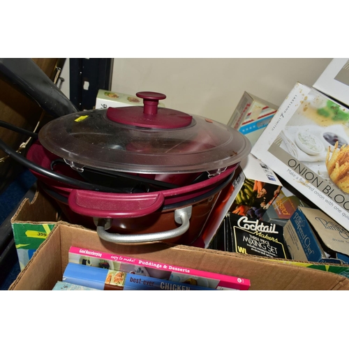 355 - FOUR BOXES OF BOXED AND LOOSE KITCHEN EQUIPMENT, COOKERY BOOKS, ETC, including Tefal Vitafruit, boxe... 