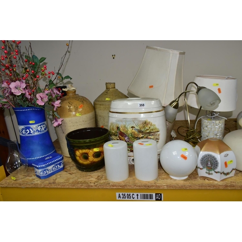 358 - A SMALL QUANTITY OF ASSORTED GLASS LIGHT SHADES, TABLE LAMPS, STONEWARE FLAGONS, ETC, including a Ta... 