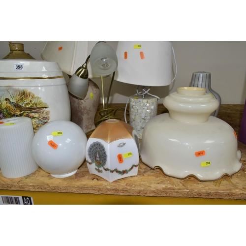 358 - A SMALL QUANTITY OF ASSORTED GLASS LIGHT SHADES, TABLE LAMPS, STONEWARE FLAGONS, ETC, including a Ta... 