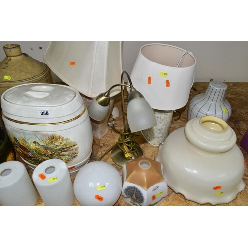 358 - A SMALL QUANTITY OF ASSORTED GLASS LIGHT SHADES, TABLE LAMPS, STONEWARE FLAGONS, ETC, including a Ta... 