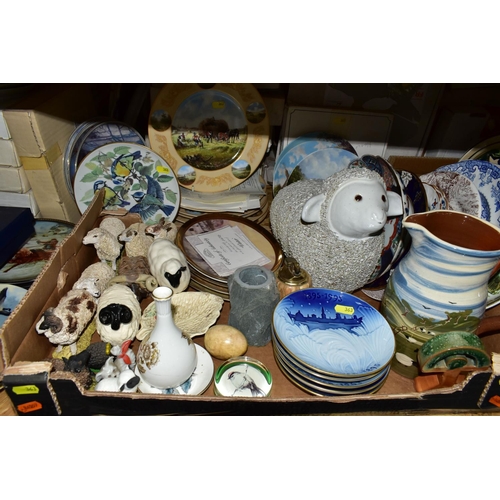 363 - TWO BOXES AND LOOSE COLLECTORS PLATES AND OTHER  ASSORTED CERAMICS, including sheep figures, five Bi... 