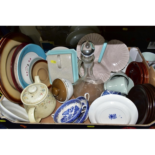 364 - SEVEN BOXES AND LOOSE KITCHEN CERAMICS, GLASSWARE, COOKWARE, ETC, including four Paragon Harry Wheat... 