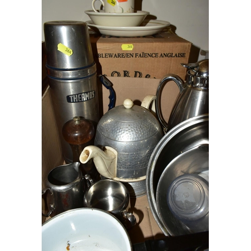 364 - SEVEN BOXES AND LOOSE KITCHEN CERAMICS, GLASSWARE, COOKWARE, ETC, including four Paragon Harry Wheat... 