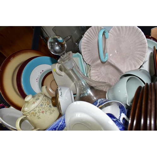 364 - SEVEN BOXES AND LOOSE KITCHEN CERAMICS, GLASSWARE, COOKWARE, ETC, including four Paragon Harry Wheat... 