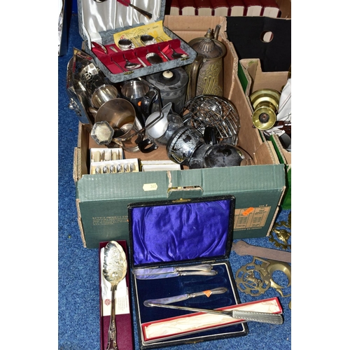 365 - FOUR BOXES AND LOOSE METALWARE, PICTURES, BOOKS, ETC, including a brass and iron chestnut roaster, b... 