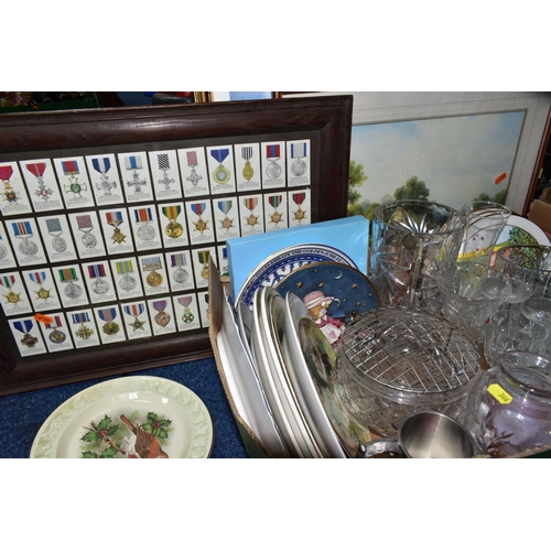 366 - TWO BOXES AND LOOSE GLASSWARE, CERAMICS, PRINTS, BOXED COLLECTOR'S DOLL, CIGARETTE CARDS, ETC, colle... 