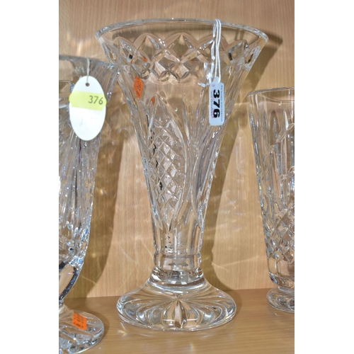 376 - FOUR WATERFORD CRYSTAL VASES, the smallest vase marked Waterford Nocturne, all four with etched fact... 