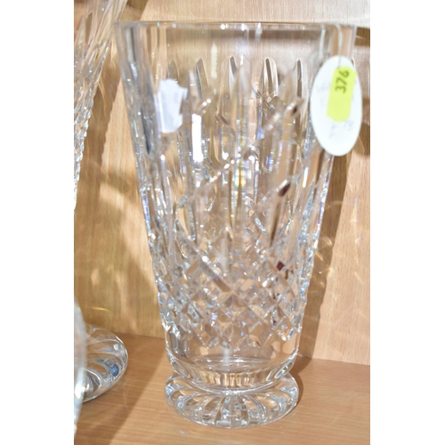 376 - FOUR WATERFORD CRYSTAL VASES, the smallest vase marked Waterford Nocturne, all four with etched fact... 