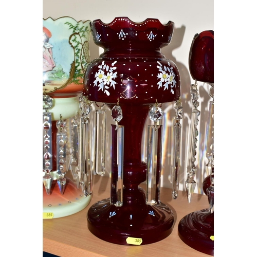 385 - THREE LATE 19TH / 20TH CENTURY GLASS LUSTRES, A LATE VICTORIAN CELERY VASE AND A CARLTONWARE PLATE, ... 