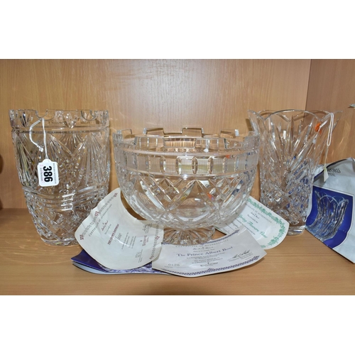 386 - A WATERFORD CRYSTAL FOR DANBURY MINT 'THE PRINCE ALBERT BOWL' AND TWO WATERFORD CRYSTAL VASES, the b... 