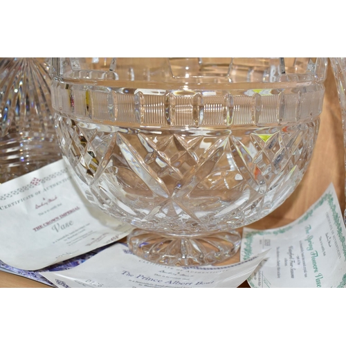 386 - A WATERFORD CRYSTAL FOR DANBURY MINT 'THE PRINCE ALBERT BOWL' AND TWO WATERFORD CRYSTAL VASES, the b... 