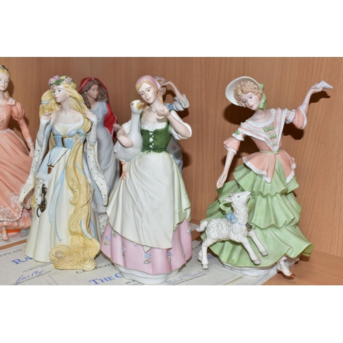 393 - A SET OF SIX WEDGWOOD FOR DANBURY MINT FAIRY STORY / NURSERY RHYME CHARACTERS IN BISQUE PORCELAIN, c... 