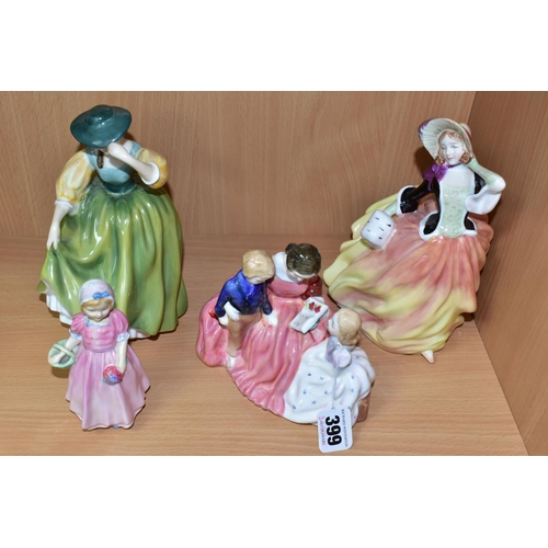 399 - FOUR ROYAL DOULTON FIGURES / GROUPS, comprising 'The Bedtime Story' HN2059, 'Autumn Breezes' HN2131 ... 