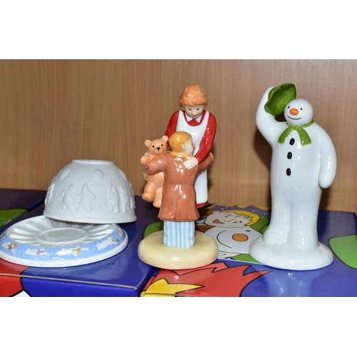 412 - THREE BOXED COALPORT THE SNOWMAN CHARACTER FIGURES AND A BOXED CANDLE HOLDER, comprising The Greetin... 