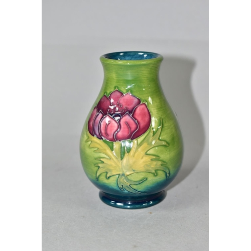 413 - A SMALL MOORCROFT POTTERY BALUSTER VASE, tube lined in Anemone pattern on a graduated green ground, ... 