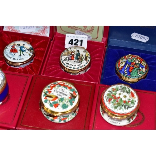 421 - A COLLECTION OF BOXED HALCYON DAYS AND OTHER ENAMEL CHRISTMAS TRINKET BOXES, comprising Halcyon Days... 