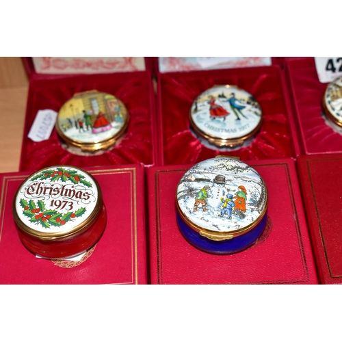 421 - A COLLECTION OF BOXED HALCYON DAYS AND OTHER ENAMEL CHRISTMAS TRINKET BOXES, comprising Halcyon Days... 