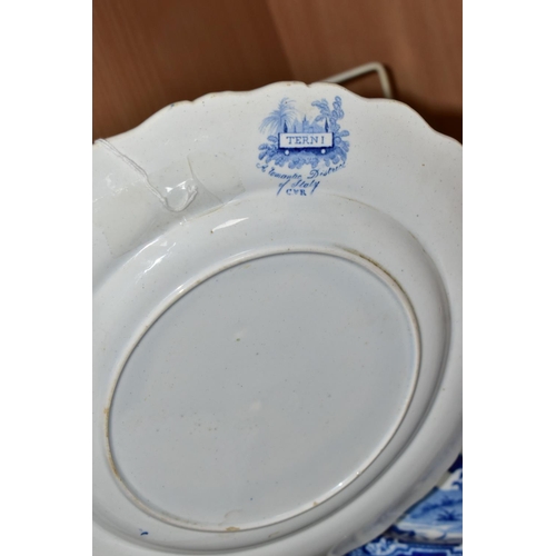 422 - FIVE NINETEENTH CENTURY BLUE AND WHITE PLATES, comprising a Chetham & Robinson, Longton 'Terni' seri... 