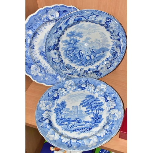 422 - FIVE NINETEENTH CENTURY BLUE AND WHITE PLATES, comprising a Chetham & Robinson, Longton 'Terni' seri... 