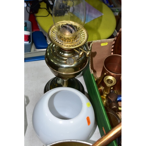 435 - ONE BOX OF METALWARE AND LAMPS, to include a brass miner's lamp by Protector Lamp & Lighting Co Ltd ... 