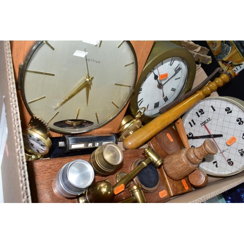 444 - SUNDRIES, one box containing a three modern wall clocks, brass and wooden gavels, metal paper-weight... 