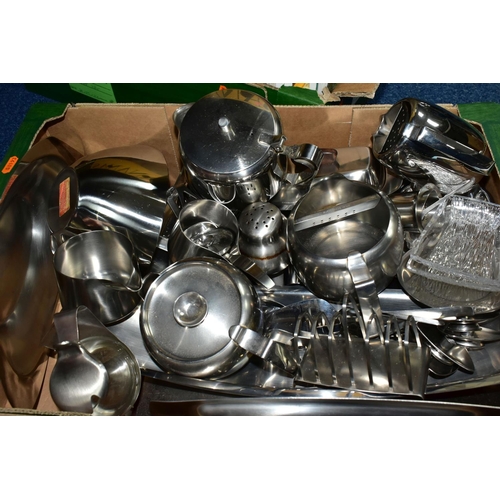 450 - STAINLESS STEEL UTENSILS, one box containing a miscellaneous collection of tea sets, serving dishes,... 