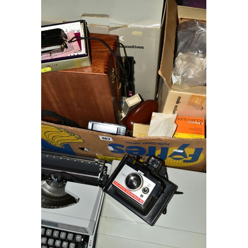 467 - TWO BOXES AND LOOSE PHOTOGRAPHIC EQUIPMENT ETC, to include a Olympus Mjui 500 digital camera, Pentax... 