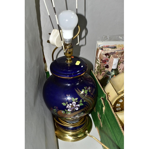 485 - TWO BOXES AND LOOSE LAMPS, METAL WARES AND MISCELLANEOUS ITEMS, to include an Aladdin No.23 oil lamp... 