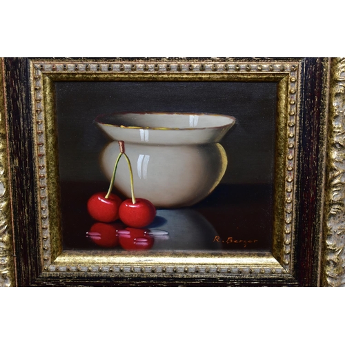 342 - ROWLAND BERGER (1943) TWO TRADITIONAL STYLE STILL LIFE STUDIES, comprising cherries and a ceramic bo... 