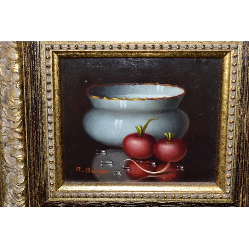 342 - ROWLAND BERGER (1943) TWO TRADITIONAL STYLE STILL LIFE STUDIES, comprising cherries and a ceramic bo... 