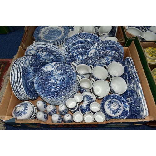 501 - FOUR BOXES OF BLUE AND WHITE DINNER WARE, to include 'The Hunter 'pattern by Myott and 'English Vill... 